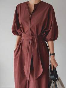 Dazy-Less 夏季宽松商务休闲纯色通勤办公装拼接长款衬衫裙，收腰设计，泡泡袖，短袖女款 - 紅木色 - 查看 8