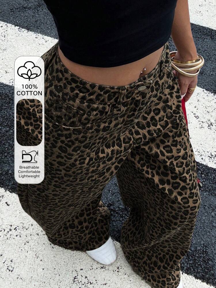 Women's Casual Fashion Street Chic Daily Commute Leopard Print Loose Wide-Leg Jeans Y2k
