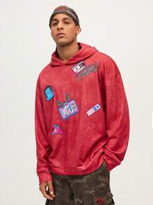 MTV | SHEIN 男士休闲街头印花宽松落肩连帽衫，适合日常通勤，春秋季穿着 - 玫紅色 - 查看 1