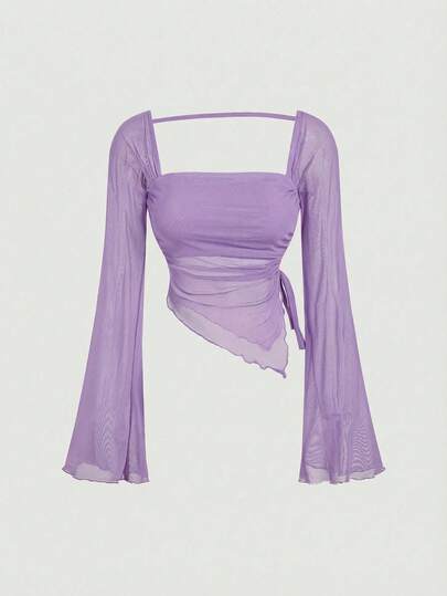 SHEIN MOD Purple Long Sleeve Tight Lace-Up Women's T-Shirt, Casual Outerwear