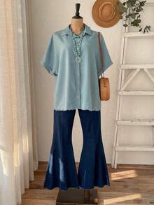 Rusticease Áo sơ mi nữ cỡ lớn tay cánh dơi màu xanh dương, cài một hàng khuy, kiểu dáng thường ngày, thích hợp cho mùa hè/kỳ nghỉ, áo mùa hè, mùa xuân, phong cách đồng quê cho nữ. - Màu xanh bụi bặm - Xem 4