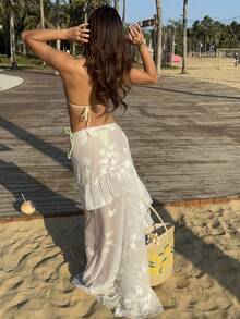 SHEIN SunnyBelle Women's White Embroidered Self-Tie Ruffle Hem Skirt, Romantic Elegant Beach Holiday Summer Skirt, Fashionable Irregular Hem Beach , Spring/Summer, White, Valentine's Day - White - View 2