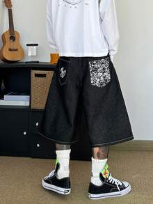 STEELVANCE Quần jean denim trơn màu đa năng phong cách đường phố mùa hè, quần short ống rộng dáng suông có túi sau. - màu đen - Xem 2