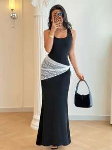 Rafferiza 优雅U领无袖黑色美人鱼连衣裙，饰有蕾丝缎带，女士春夏款 - 黑色 - 查看 6