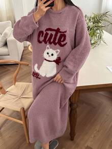 DAZY 宽松针织猫咪印花睡裙，女士秋冬睡衣 - 淺灰紫 - 查看 7