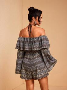 JIAN LASALA All-Over Print Woven Off-Shoulder Ruffled Neckline Flared Sleeves Halter Loose Romper Jumpsuits - Multicolor - View 2