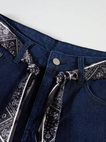 Selenza 女士休闲修身直筒牛仔裤，蕾丝腰带 - 深色水洗藍 - 查看 4