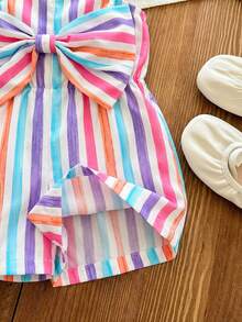 SHEIN LMoss Kids Bộ áo liền quần mùa hè dễ thương cho bé gái, màu hồng và trắng kẻ sọc, có nơ trang trí. - Nhiều màu - Xem 4