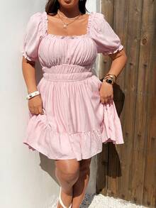 Sunnyshic Đầm nữ kiểu Pháp cổ điển cổ vuông, viền bèo nhún, tay phồng, thanh lịch, thích hợp cho công sở, mùa xuân/hè. - Hồng - Xem 5