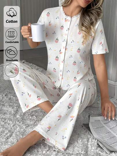 EURMUSE Dambomull 2 st. kontrastfärgad spetsdetalj knappdetalj framtill kortärmad skjorta och långbyxor med blommönster mönstrat hemplagg komfortloungeset