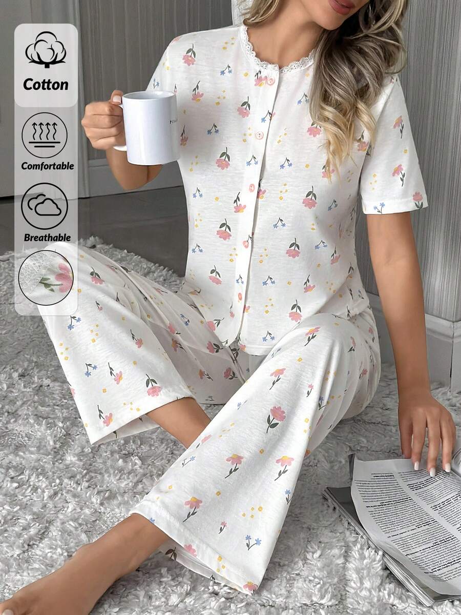 EURMUSE 女士纯棉两件套撞色蕾丝细节纽扣前襟短袖衬衫和长裤，花卉图案家居服舒适休闲套装 - 白色 - 查看 1