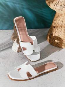 SHUZIA 畅销女式奢华风格露趾镂空简约 PU 白色拖鞋