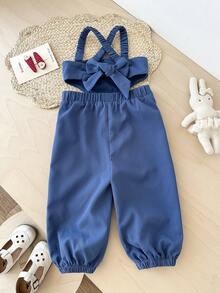 TaviRue Baby Girls' Criss-Cross Backless Jumpsuit With Bow, Fashionable Casual Streetwear,Easter Gift Sthings For Baby - Blue - View 4