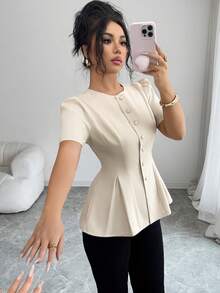 Elenzga 女士纯色圆领纽扣A字短袖杏色优雅衬衫，精致优雅的法式复古浪漫简约风，适合办公室、通勤、商务、休闲、海滩、日常穿着，春夏新品 - 杏色 - 查看 6