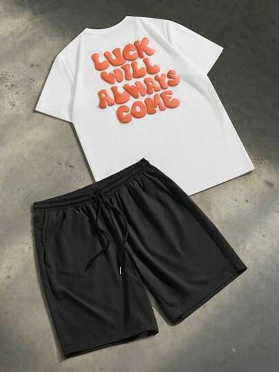 SWAVVY 男士标语印花圆领短袖休闲百搭T恤和抽绳腰短裤