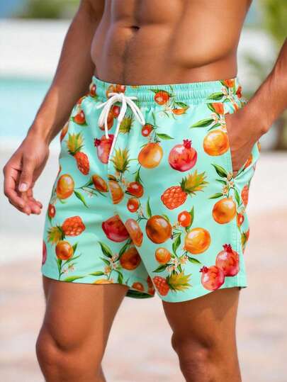 Manfinity RSRT กางเกงขาสั้นชายหาดลำลองพิมพ์ลายภาพวาดผลไม้เขตร้อน มีซับในตาข่าย