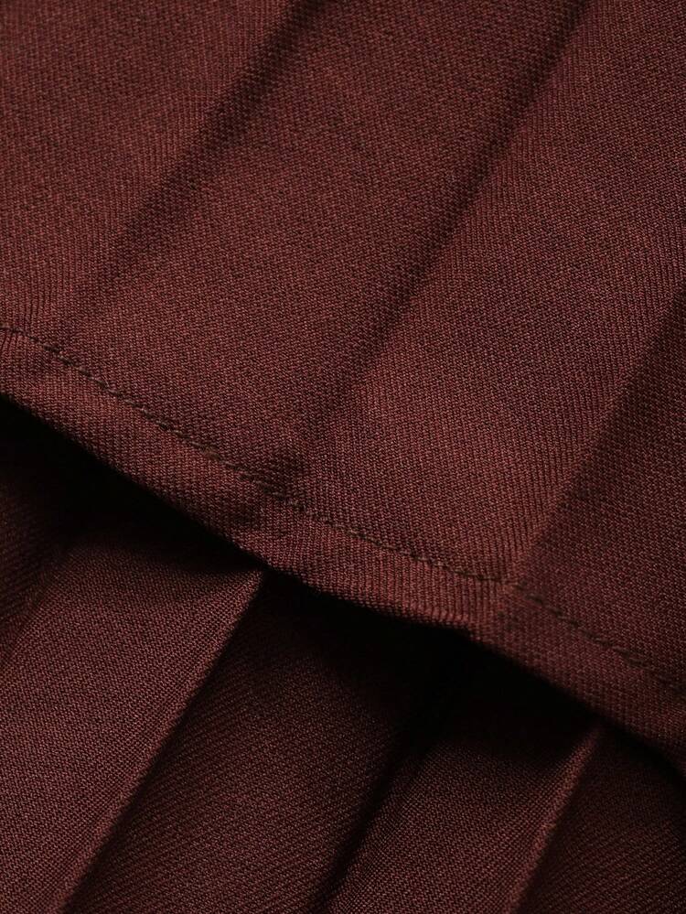 2pcs Women's Cinched Waist Vest And Long Pleated Skirt Set, Elegant Urban Casual Outfit, Burgundy