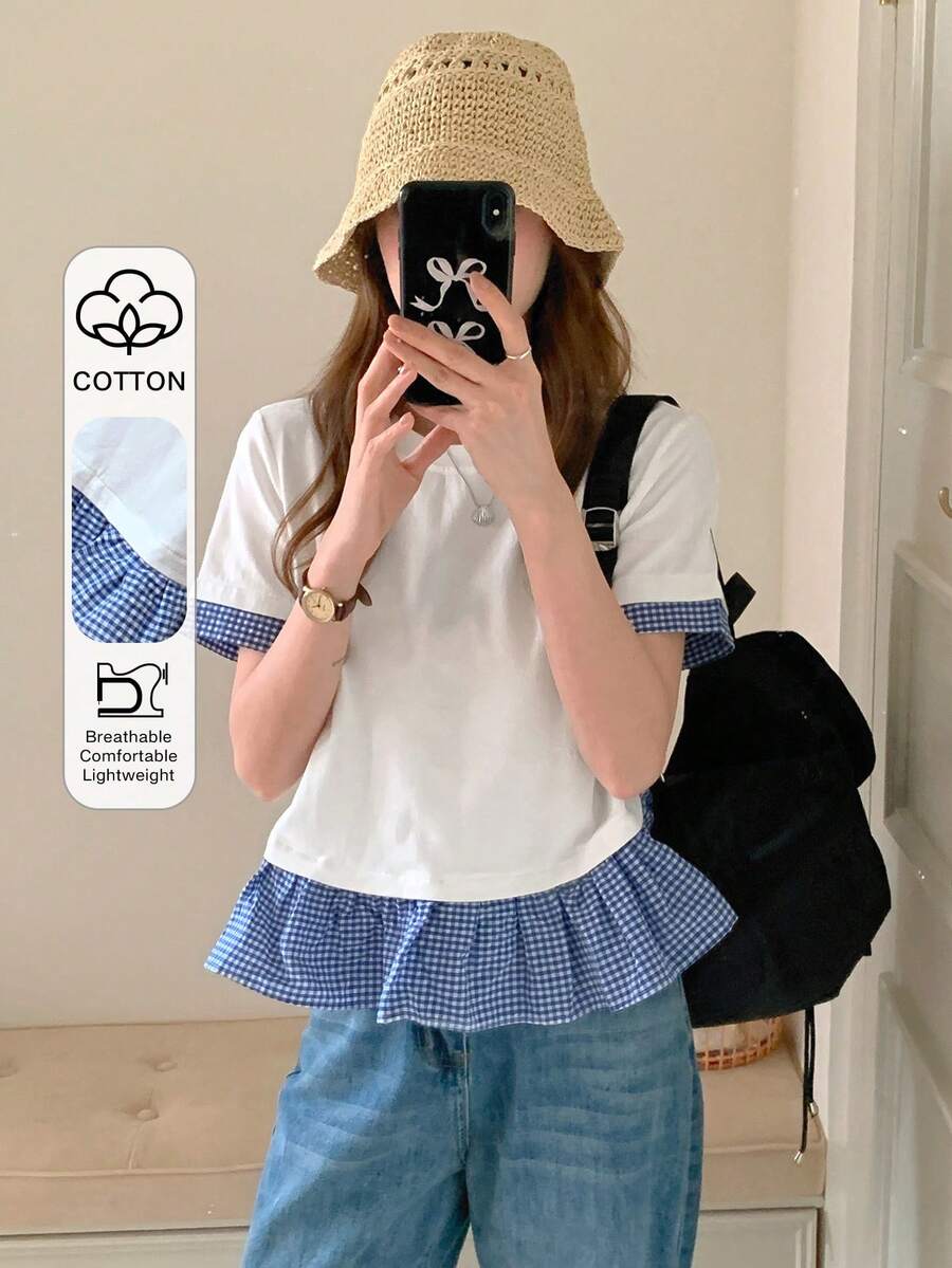 DAZY 女款格紋拼接圓領短袖短版T恤，休閒可愛夏季校園風 - 白色 - 查看 1