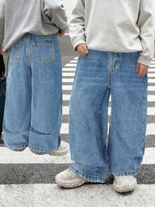 SHEIN 男童复古蓝色宽松牛仔裤 - 中等水洗藍 - 查看 1