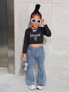 SHEIN Young Girl' Blue Denim Elastic Skinny Flare Pants - Light Wash - View 4