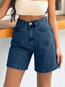 EURMUSE Short de mujer 100% algodón rígido de lavado medio - Azul lavado oscuro - Ver 8