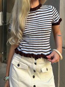 Livesso Colorful Blue Striped Contrast Patchwork Frill Trim Casual Office Wear Pullover Knit Top For Women, Spring/Summer - Blue - View 2