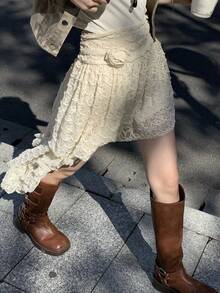 DAZY 春夏花卉蕾丝不对称下摆腰部设计优雅休闲度假波西米亚海滩网纱拼接半身裙 - 白色 - 查看 1