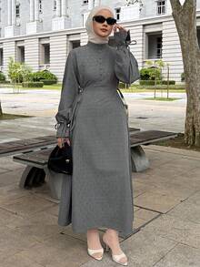 DAZY Women's Turtleneck Textured Waist Flare Sleeve Mid-Length Dress - Grey - View 3