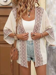 Brillora 女士复古印花休闲长袖衬衫 - 米色 - 查看 1