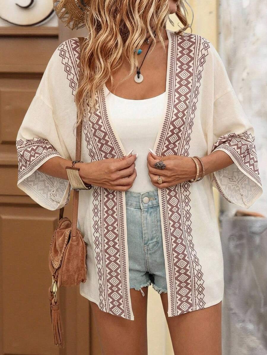 Brillora 女士复古印花休闲长袖衬衫 - 米色 - 查看 1