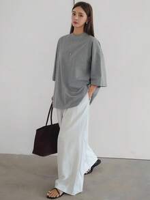 Dazy-Less 宽松休闲纯色简约短袖T恤女超大码T恤商务休闲女工作服 - 灰色 - 查看 3