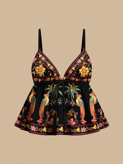 Travachic Women's Summer Vacation Floral Print Front Tie Camisole