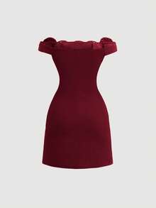 SHEIN MOD 女士露肩纯红色连衣裙，饰有3D花朵 - 酒紅色 - 查看 2