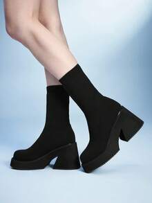 Sugerpunk Women's Embroidered Round Toe Platform Mid-Calf Boots, Fashionable Ankle Boots With Western Style Valentine's Day - Black - View 5