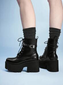 Sugerpunk Giày bốt nữ cổ thấp kiểu punk cổ điển, mũi tròn, gót dày, bốt đế xuồng phong cách Gothic cho các bữa tiệc đêm, bốt chiến đấu thoải mái. - màu đen - Xem 5