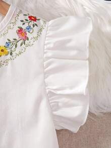 SHEIN Tween Girl Faux Collar Cap Sleeve Printed Dress - White - View 4