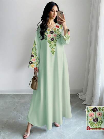 SHEIN Najma Women's Floral & Plant Digital Print Faux Embroidery V-Neck Long Sleeve Elegant Arabic Style Dress, Spring/Autumn