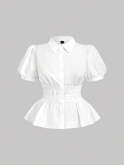 SHEIN MOD Plus Size White Cinched Waist Ruched Shirt, Women's Blouse With Lapel Collar And Open Front, Elegant For Daily Commute.Plus Size White Blouse Puff Sleeves Collared Neckline Button Front Ruched Waist Peplum Hem Tailored Fit Crisp Texture Short Sleeves Elegant Silhouette Lightweight Fabric Classic Style Feminine Touch Gathered Detail Flattering Shape Versatile Look Smooth Finish Structured Design Timeless Color Office Chic Peplum Tops Babydoll Shirt White Peplum Top Ruffle Shirt Peplum Blouse, Summer Tops