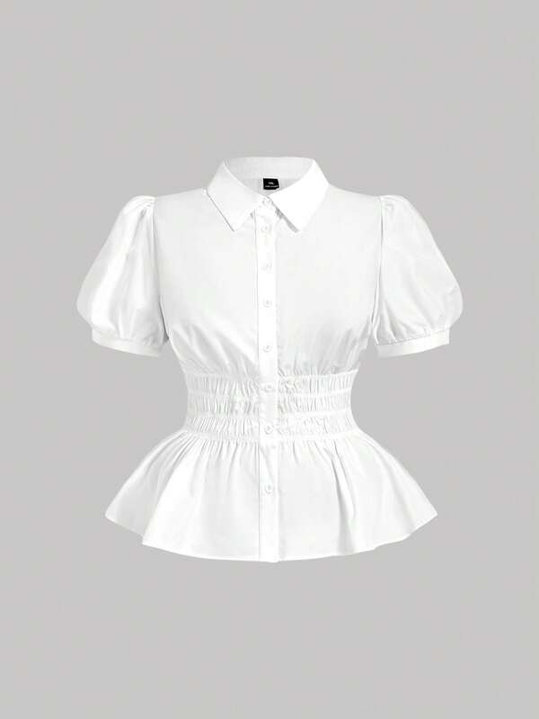 SHEIN MOD Plus Size White Cinched Waist Ruched Shirt, Women's Blouse With Lapel Collar And Open Front, Elegant For Daily Commute.Plus Size White Blouse Puff Sleeves Collared Neckline Button Front Ruched Waist Peplum Hem Tailored Fit Crisp Texture Short Sleeves Elegant Silhouette Lightweight Fabric Classic Style Feminine Touch Gathered Detail Flattering Shape Versatile Look Smooth Finish Structured Design Timeless Color Office Chic Peplum Tops Babydoll Shirt White Peplum Top Ruffle Shirt Peplum Blouse, Summer Tops