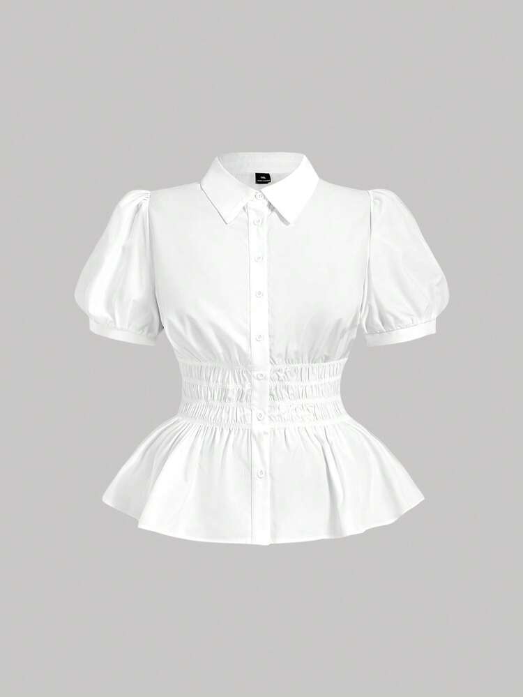 SHEIN MOD Chemise blanche oversize à taille resserrée et froncée, blouse femme avec col châle et ouverture devant, élégante pour les déplacements quotidiens - Blanc - Voir 1