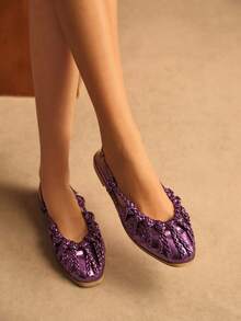Rosivie Women's Flat Sandals, Gold Woven Strap Closed Toe Flat Shoes - grape purple - View 4