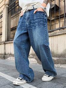 Manfinity EMRG 男士休闲日常水洗斜插口袋宽松牛仔裤 - 中等水洗藍 - 查看 3