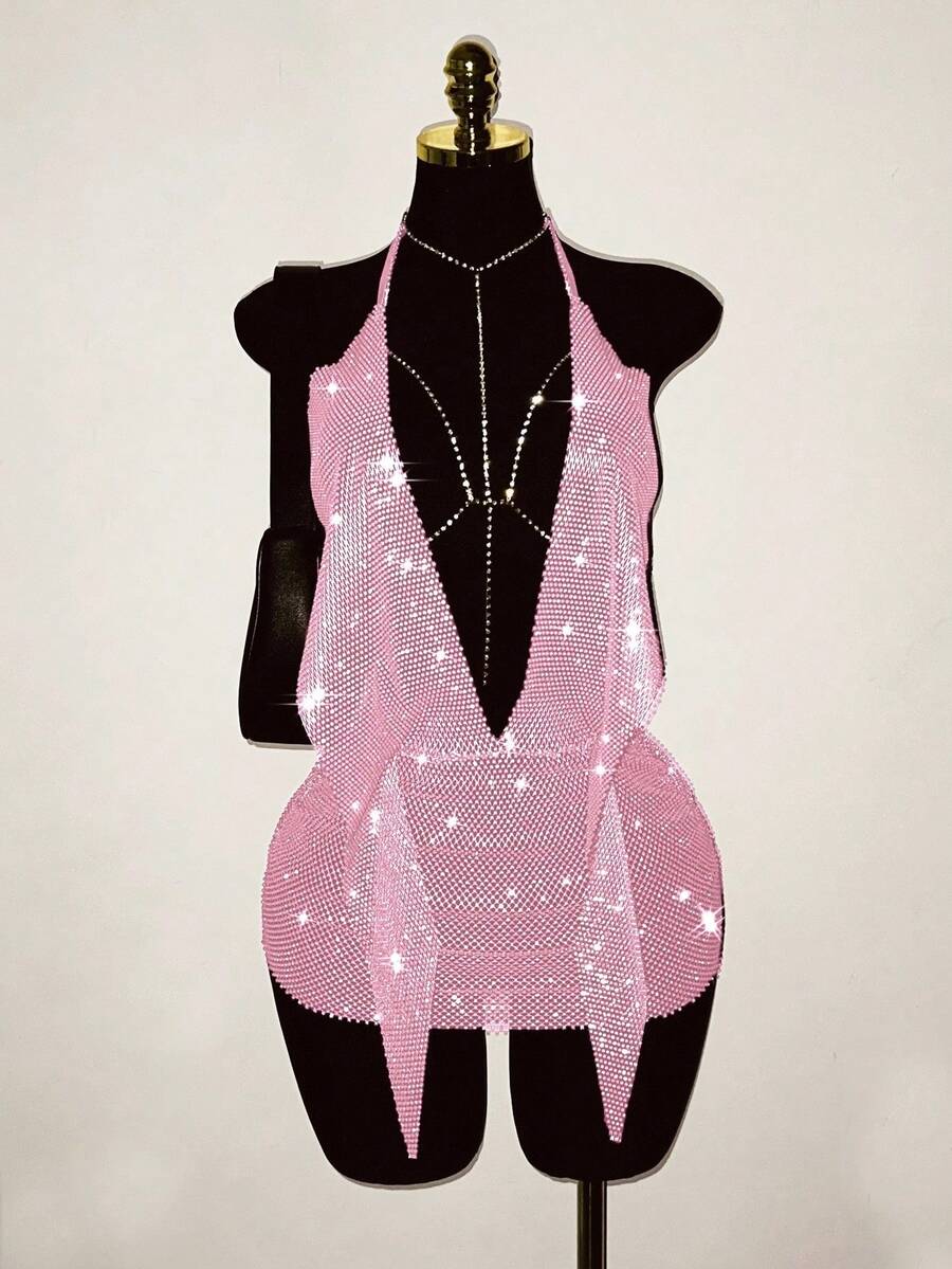 EgrlEra Petite 女士水钻渔网连衣裙，闪亮水钻点缀，性感透视亮片，适合节日派对穿着 - 淺粉色 - 查看 1