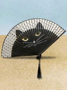 Joivida 1 件装竹制折叠扇，手绘卡通猫咪设计，休闲风格，夏季时尚配饰，送给女性朋友的节日、派对、婚礼、生日庆典礼物，动漫可爱美学 - 彩色 - 查看 5