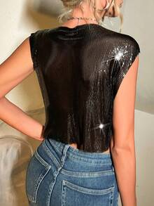 VaVaBold 女士性感透视亮片露脐上衣，适合夏季夜店派对、夏季、夏季上衣、夏季、夏季假期、女士夏季、春季、春季女士、春假、春季、春季、春季、春季女士、春季女士、度假女士、女士假期、夏季假期、女士度假、假期、假期、夏季假期、女士海滩假期 - 黑色 - 查看 2