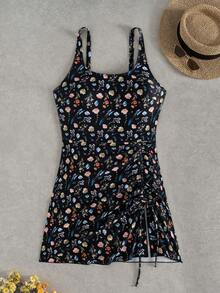 Swim Vcay Women's Adjustable Spaghetti Strap Drawstring Waist Side Slit Printed Swimsuit Dress - Multicolor - View 3