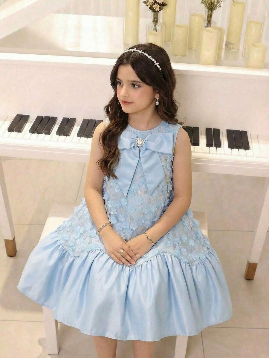 SHEIN 年轻女孩优雅立领无袖A字连衣裙 - 藍色 - 查看 1