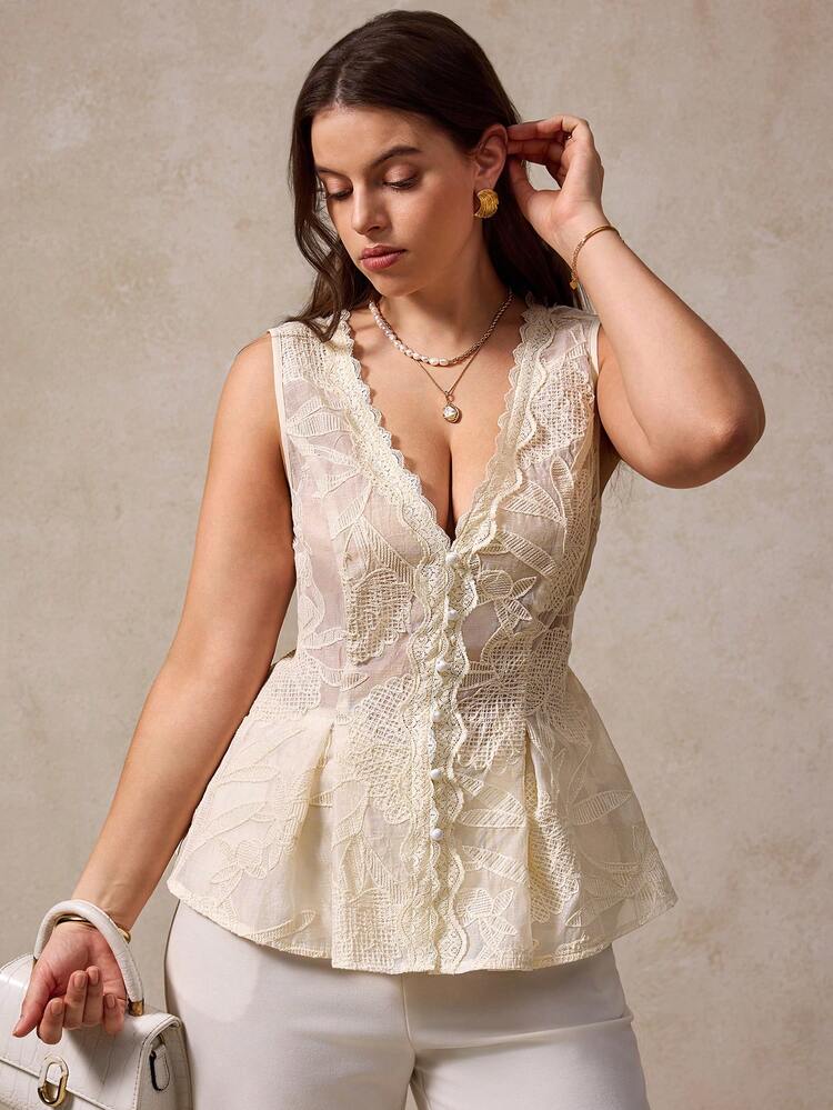 Elegantrix Plus Size Women Elegant Casual Jacquard Lace Tie-Waist V-Neck Blouse, Suitable For Dates And Commuting - Apricot - View 4