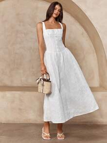 Enchnt Spring/Summer Romantic Women's White Hollow Embroidery Square Neck Princess Dress,Sweet&Elegant For Vacation&Date&Holiday&Going Out&Valentine's Day,Spring Outfit Women - White - View 6