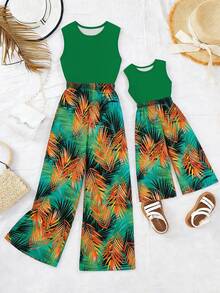 一套女童宽松热带棕榈叶印花吊带背心和阔腿裤套装，舒适时尚，适合度假穿着 - 彩色 - 查看 7